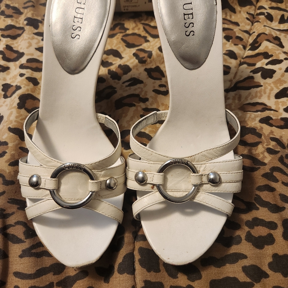 GUESS White Cork Heeled Slides Size 8